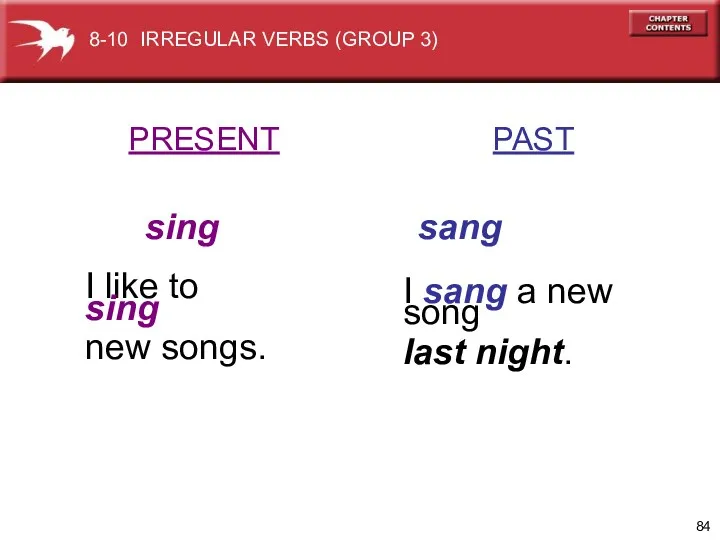 PRESENT PAST sing sang I like to sing new songs. I sang a