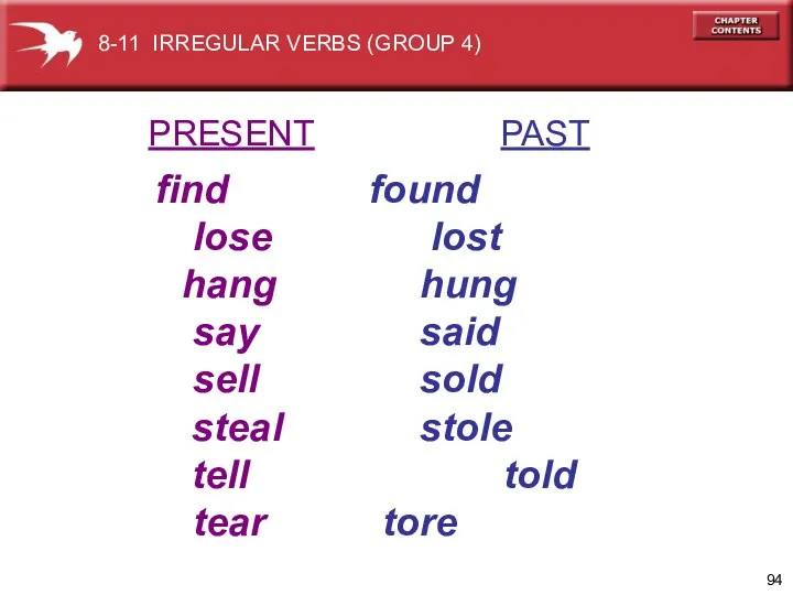 PRESENT PAST find found lose lost hang hung say said sell sold steal