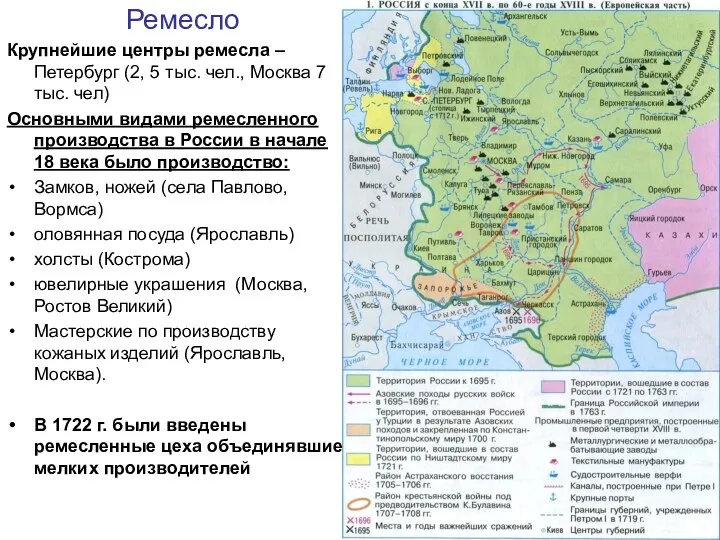 Ремесло Крупнейшие центры ремесла – Петербург (2, 5 тыс. чел., Москва 7 тыс.