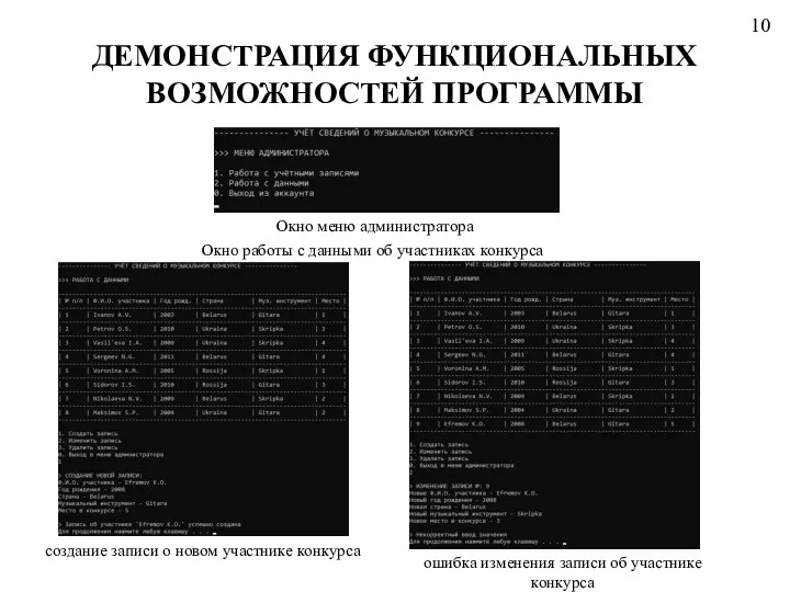 ДЕМОНСТРАЦИЯ ФУНКЦИОНАЛЬНЫХ ВОЗМОЖНОСТЕЙ ПРОГРАММЫ Окно меню администратора создание записи о