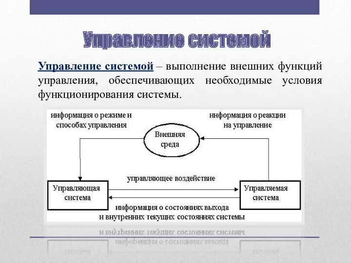 Управление системой Управление системой – выполнение внешних функций управления, обеспечивающих необходимые условия функционирования системы.