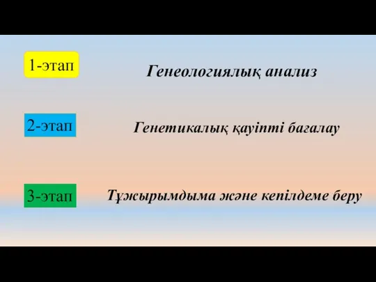 1-этап 2-этап 3-этап Генеологиялық анализ Генетикалық қауіпті бағалау Тұжырымдыма және кепілдеме беру