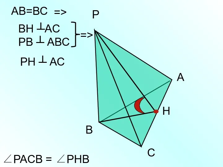 Р А В С АВ=ВС Н => ВН ┴АС РВ ┴ АВС =>