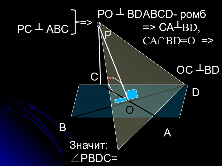 Р С В D А АВСD- ромб => СА┴ВD, СА∩ВD=О => ОС ┴ВD