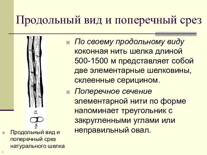 Продольный вид и поперечный срез Продольный вид и поперечный срез натурального шелка По