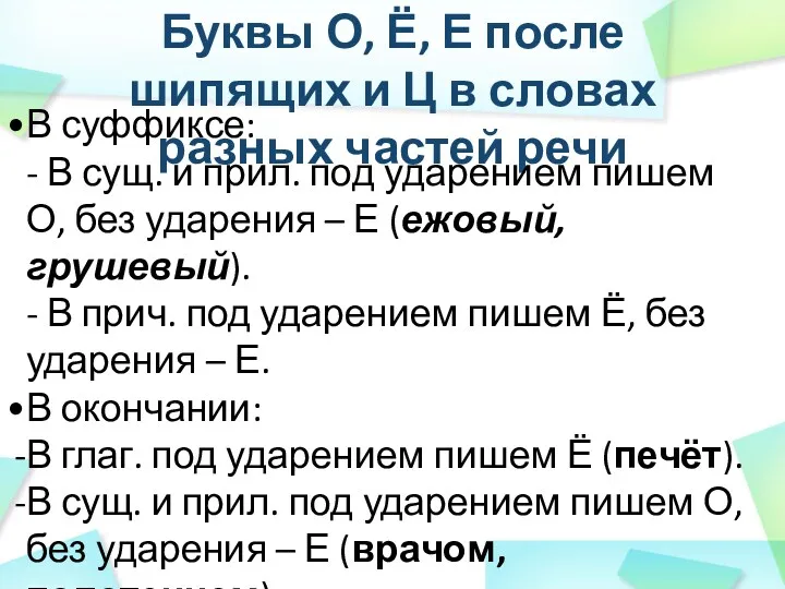 Буквы О, Ё, Е после шипящих и Ц в словах