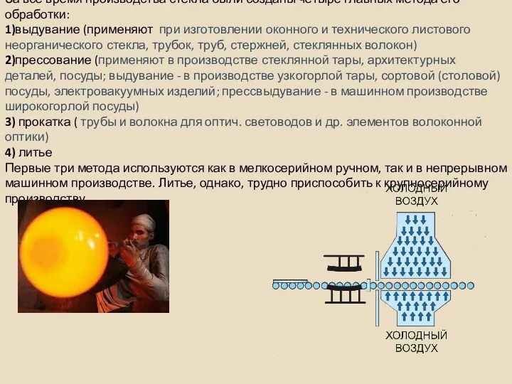 За все время производства стекла были созданы четыре главных метода его обработки: 1)выдувание