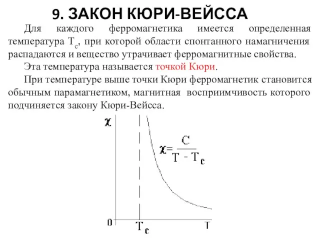 9. ЗАКОН КЮРИ-ВЕЙССА Для каждого ферромагнетика имеется определенная температура Tc,