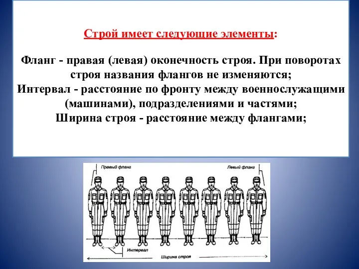 Строй имеет следующие элементы: Фланг - правая (левая) оконечность строя.