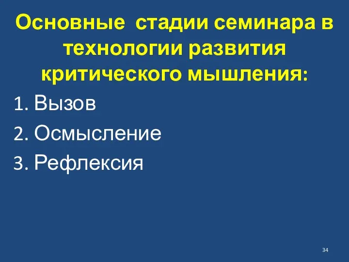 Основные стадии семинара в технологии развития критического мышления: 1. Вызов 2. Осмысление 3. Рефлексия