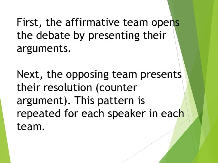 First, the affirmative team opens the debate by presenting their