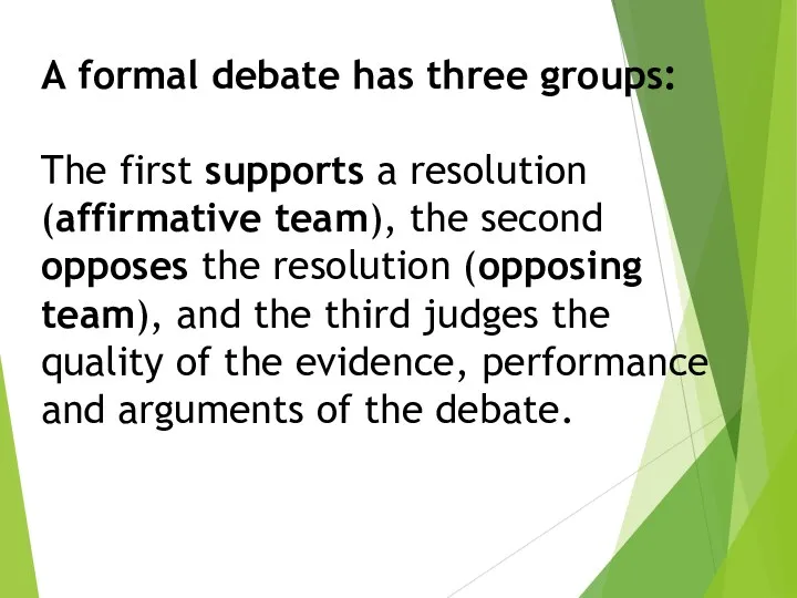 A formal debate has three groups: The first supports a