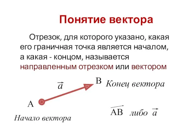 Понятие вектора Отрезок, для которого указано, какая его граничная точка