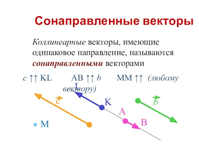 Сонаправленные векторы Коллинеарные векторы, имеющие одинаковое направление, называются сонаправленными векторами