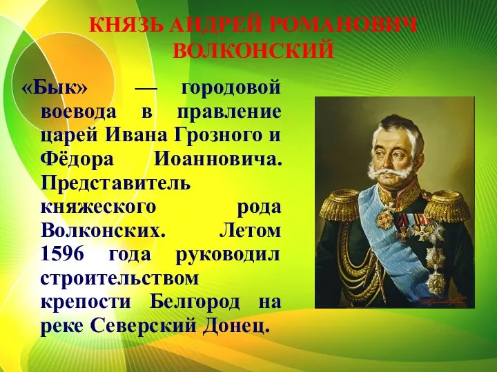 КНЯЗЬ АНДРЕЙ РОМАНОВИЧ ВОЛКОНСКИЙ «Бык» — городовой воевода в правление