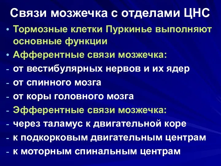 Связи мозжечка с отделами ЦНС Тормозные клетки Пуркинье выполняют основные