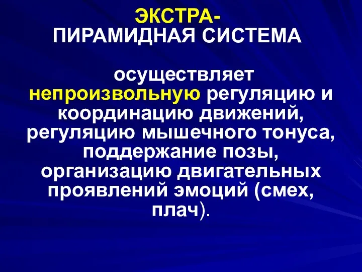 ЭКСТРА- ПИРАМИДНАЯ СИСТЕМА осуществляет непроизвольную регуляцию и координацию движений, регуляцию