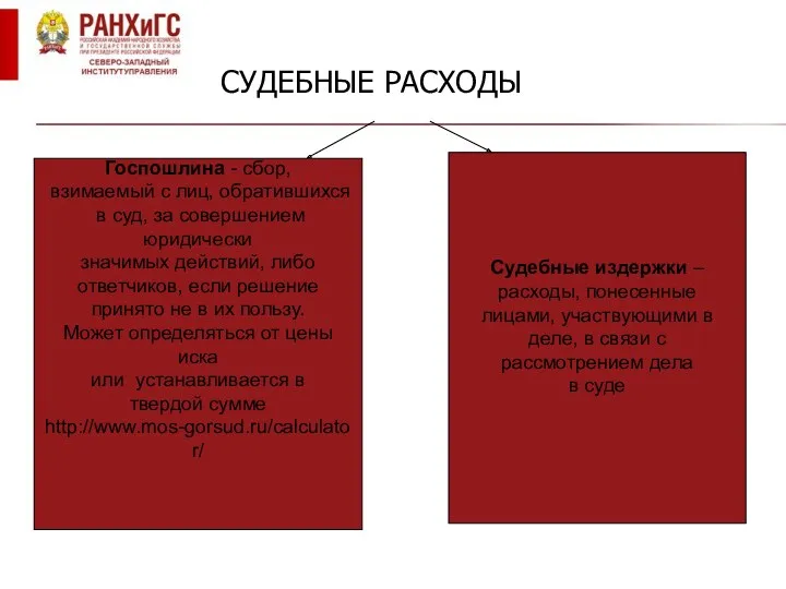 СУДЕБНЫЕ РАСХОДЫ Госпошлина - сбор, взимаемый с лиц, обратившихся в