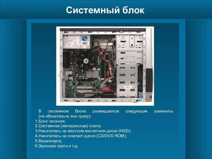 Системный блок В системном блоке размещаются следующие элементы (не обязательно