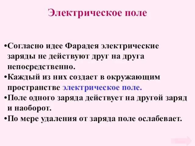 Электрическое поле Согласно идее Фарадея электрические заряды не действуют друг