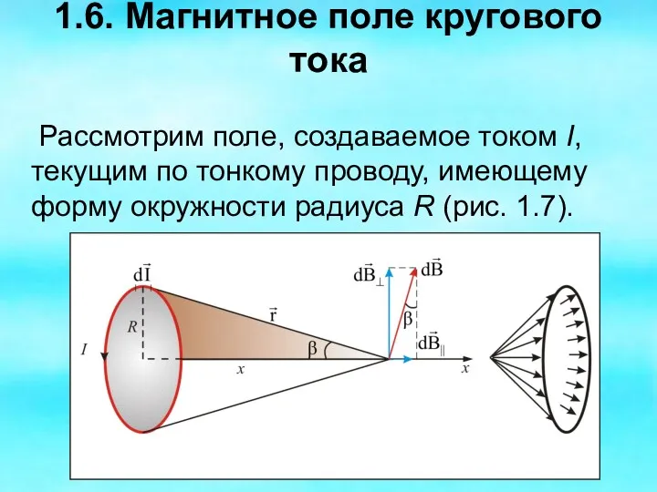 1.6. Магнитное поле кругового тока Рассмотрим поле, создаваемое током I,