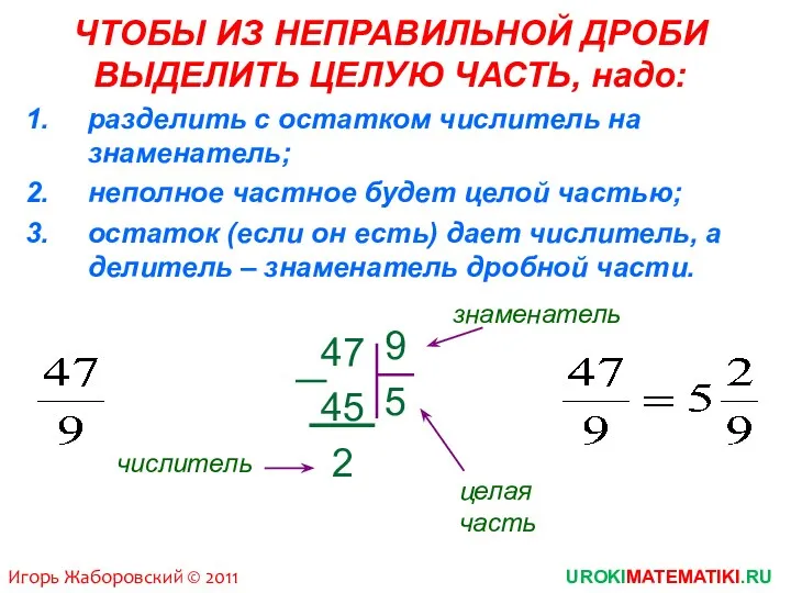 Игорь Жаборовский © 2011 UROKIMATEMATIKI.RU ЧТОБЫ ИЗ НЕПРАВИЛЬНОЙ ДРОБИ ВЫДЕЛИТЬ