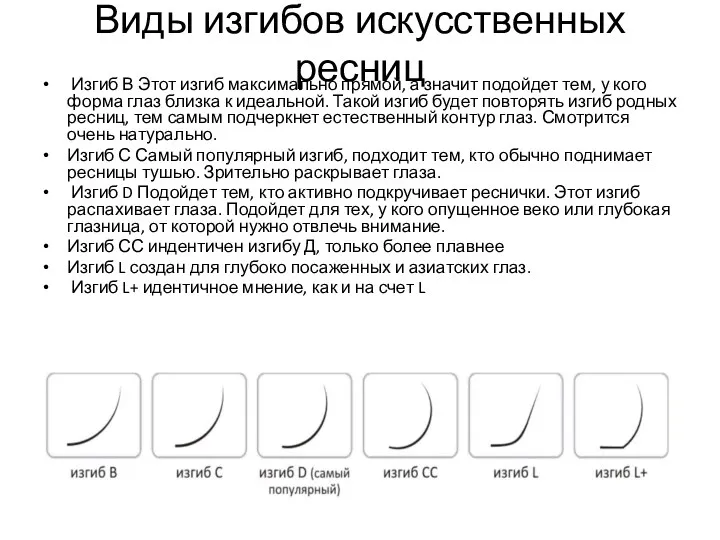 Виды изгибов искусственных ресниц Изгиб В Этот изгиб максимально прямой,