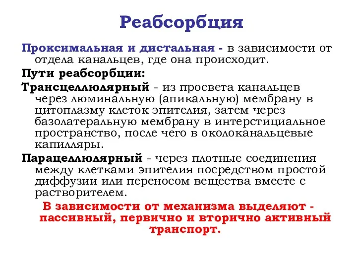 Реабсорбция Проксимальная и дистальная - в зависимости от отдела канальцев,