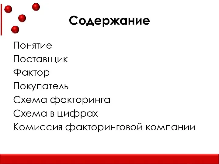 Содержание Понятие Поставщик Фактор Покупатель Схема факторинга Схема в цифрах Комиссия факторинговой компании