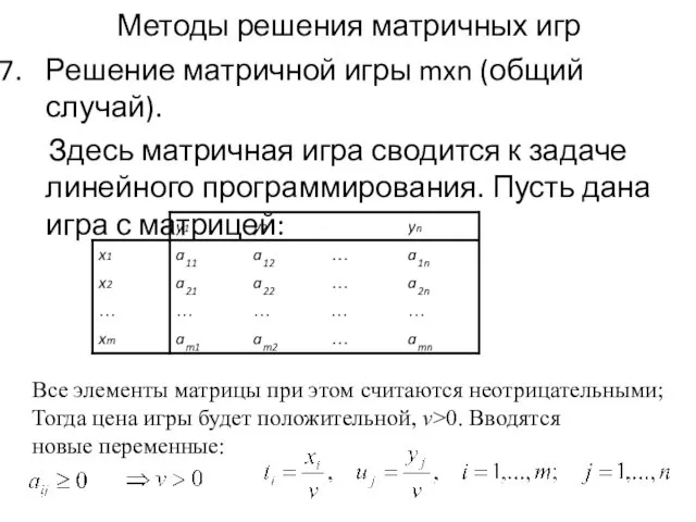 Методы решения матричных игр Решение матричной игры mxn (общий случай).