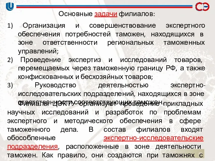 Основные задачи филиалов: 1) Организация и совершенствование экспертного обеспечения потребностей