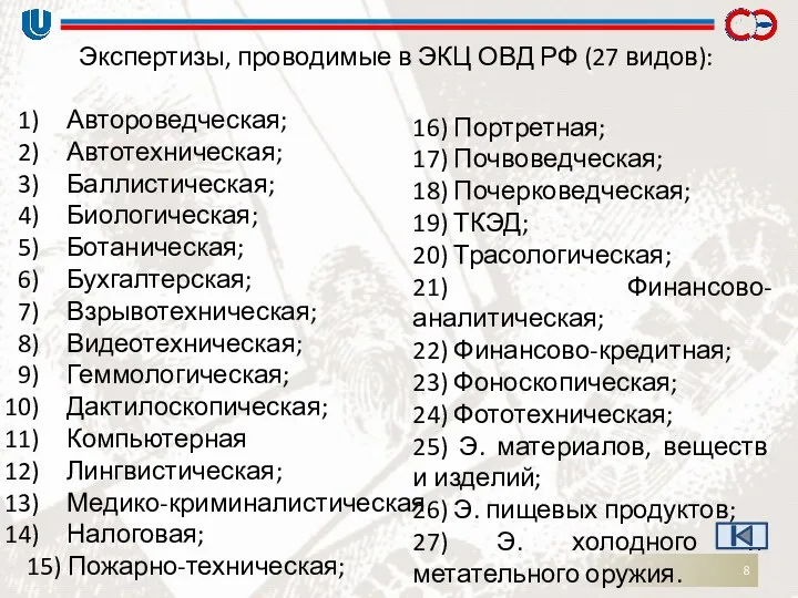 Экспертизы, проводимые в ЭКЦ ОВД РФ (27 видов): Автороведческая; Автотехническая;