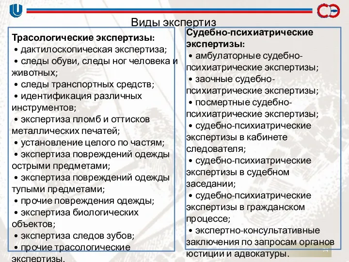 Виды экспертиз Судебно-психиатрические экспертизы: • амбулаторные судебно-психиатрические экспертизы; • заочные