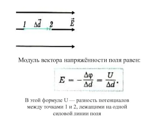 Модуль вектора напряжённости поля равен: В этой формуле U —