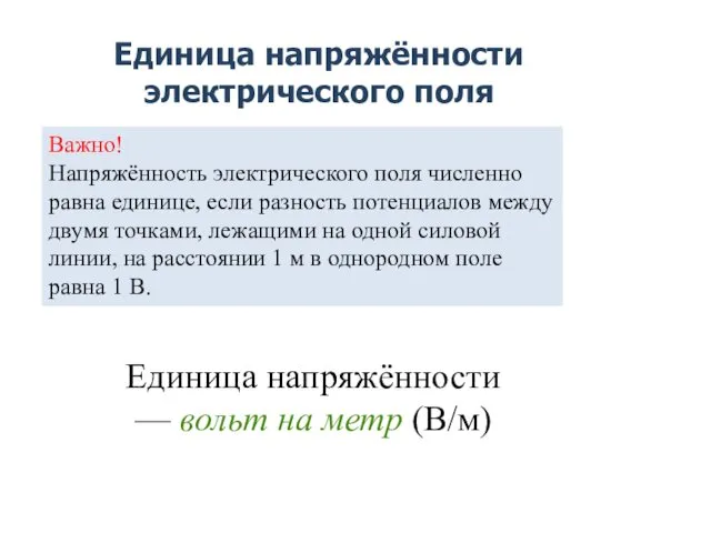 Единица напряжённости электрического поля Важно! Напряжённость электрического поля численно равна