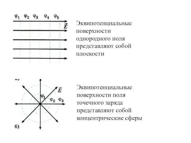 Эквипотенциальные поверхности однородного поля представляют собой плоскости Эквипотенциальные поверхности поля точечного заряда представляют собой концентрические сферы