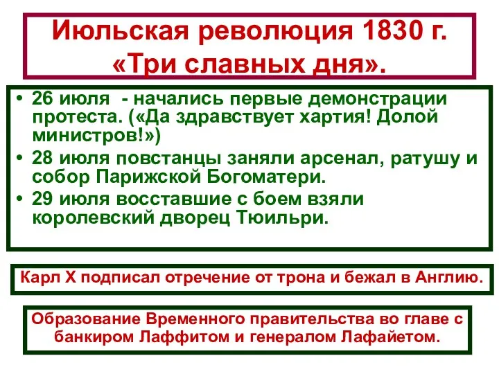 Июльская революция 1830 г. «Три славных дня». 26 июля - начались первые демонстрации