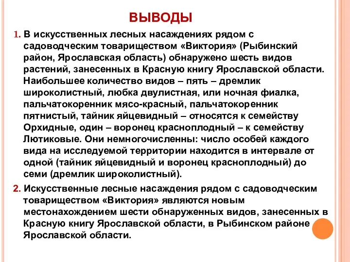 ВЫВОДЫ 1. В искусственных лесных насаждениях рядом с садоводческим товариществом