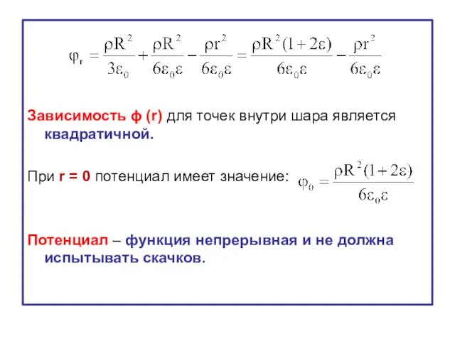 Зависимость ϕ (r) для точек внутри шара является квадратичной. При r = 0