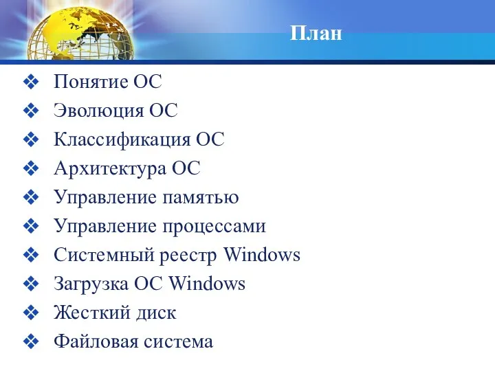 План Понятие ОС Эволюция ОС Классификация ОС Архитектура ОС Управление