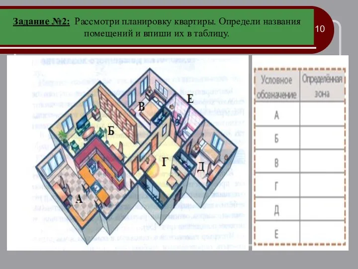Задание №2: Рассмотри планировку квартиры. Определи названия помещений и впиши их в таблицу. 10