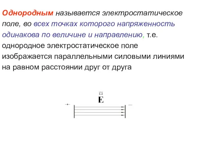 Однородным называется электростатическое поле, во всех точках которого напряженность одинакова