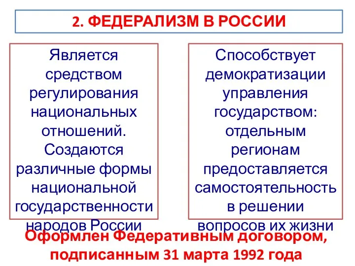 2. ФЕДЕРАЛИЗМ В РОССИИ Является средством регулирования национальных отношений. Создаются