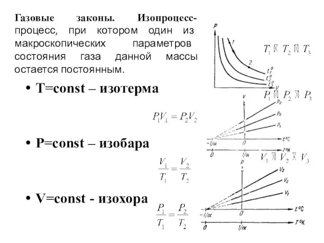 Т=const – изотерма P=const – изобара V=const - изохора Газовые