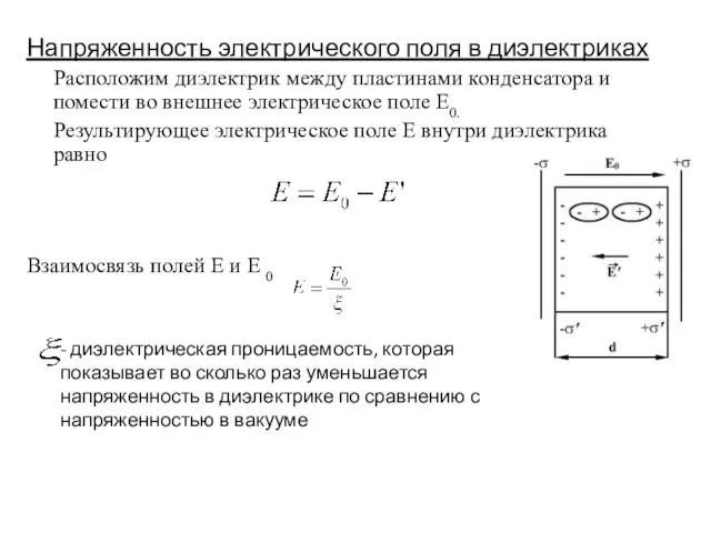 Напряженность электрического поля в диэлектриках Расположим диэлектрик между пластинами конденсатора