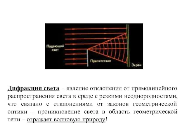 Дифракция света – явление отклонения от прямолинейного распространения света в