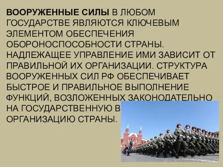 ВООРУЖЕННЫЕ СИЛЫ В ЛЮБОМ ГОСУДАРСТВЕ ЯВЛЯЮТСЯ КЛЮЧЕВЫМ ЭЛЕМЕНТОМ ОБЕСПЕЧЕНИЯ ОБОРОНОСПОСОБНОСТИ