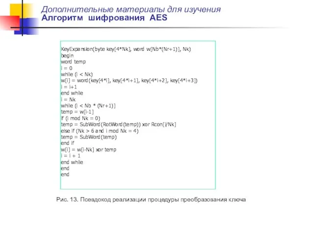 Дополнительные материалы для изучения Алгоритм шифрования AES Рис. 13. Псевдокод реализации процедуры преобразования ключа