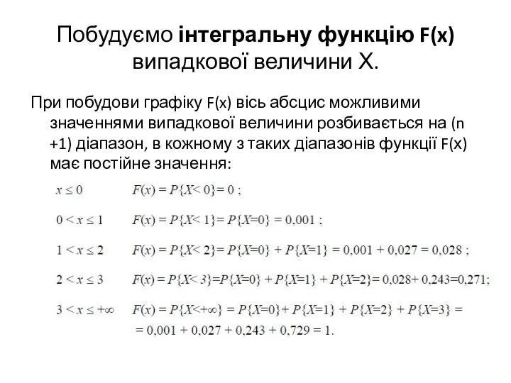 Побудуємо інтегральну функцію F(x) випадкової величини Х. При побудови графіку