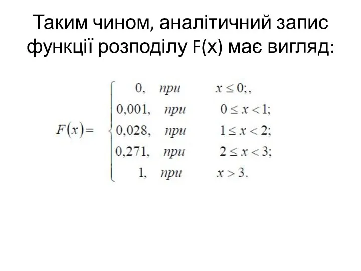 Таким чином, аналітичний запис функції розподілу F(х) має вигляд: